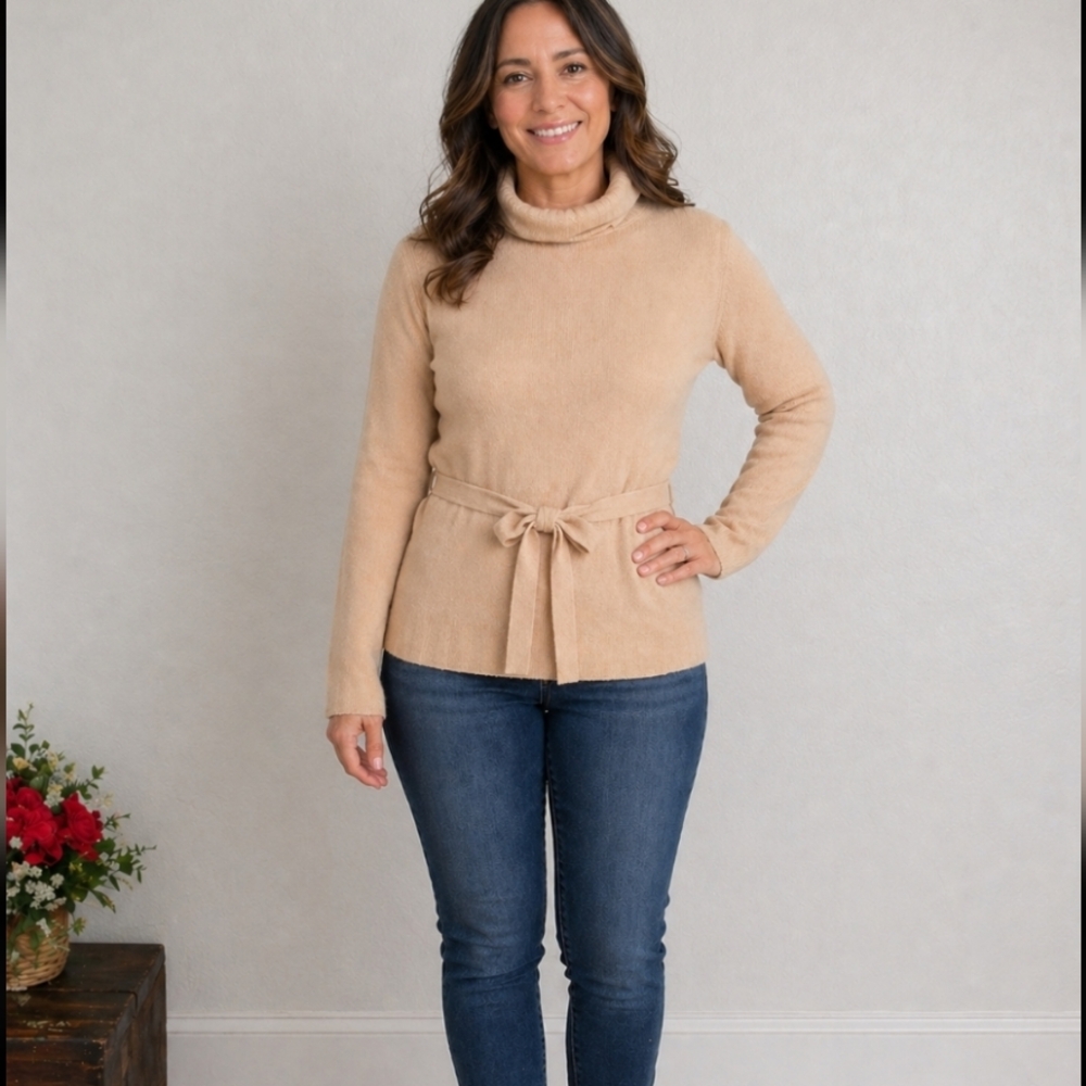 BCBGMAXAZRIA LambsWool Angora Belted Turtleneck Sweater Small